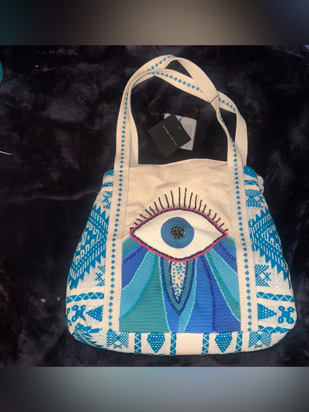 Hand-Embroidered Cream Tote with Blue Evil Eye Motif